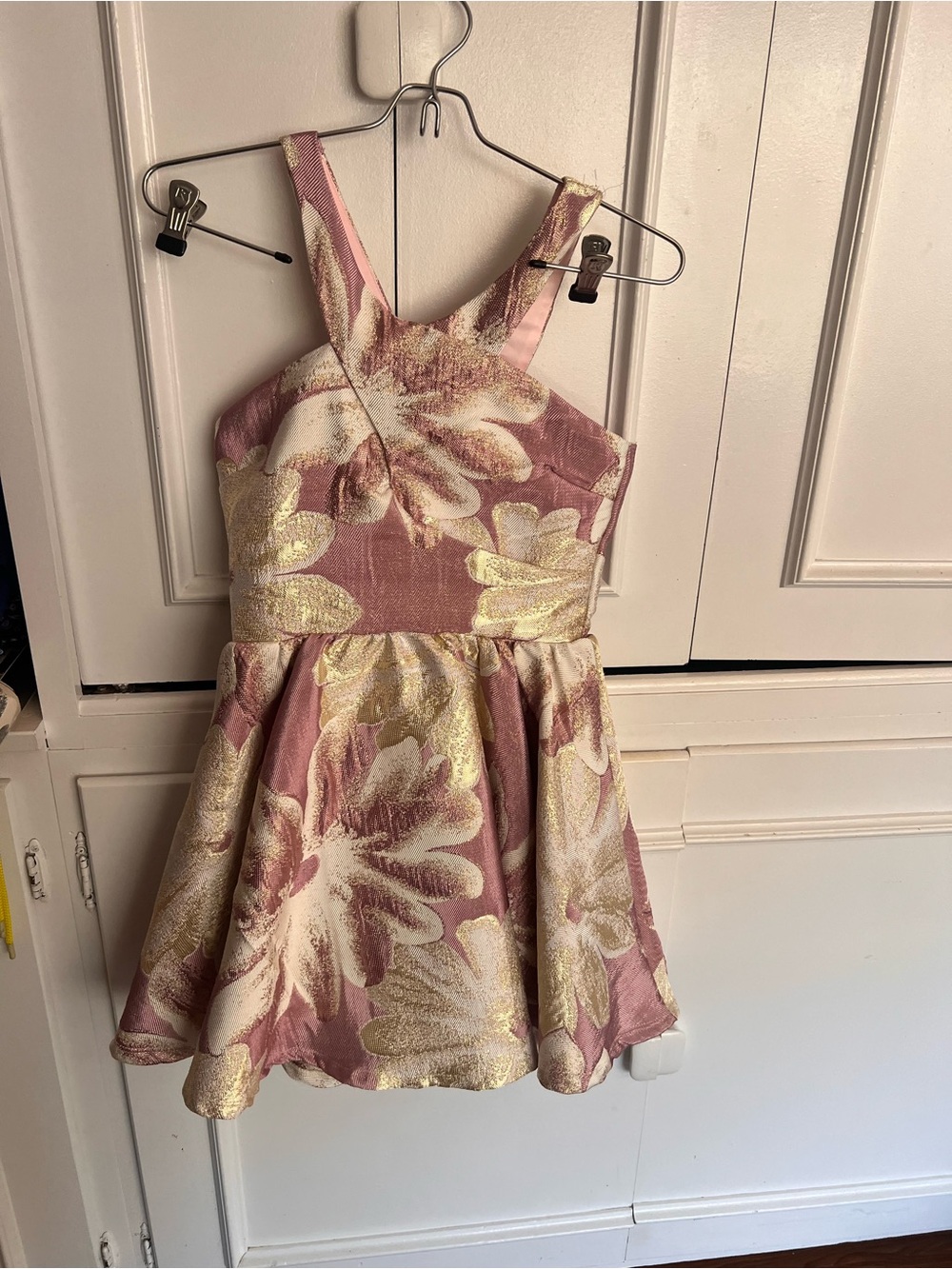 EUC Miss Behave Girls' Pink & Gold Brocade Floral Fit-and-Flare Dress